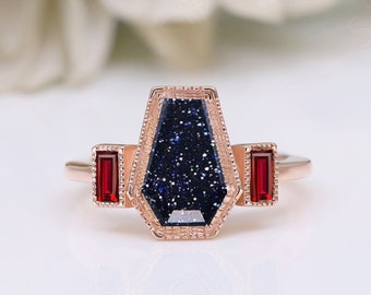 Gifts For WifeBlue Sandstone Coffin Ring, Art Deco Black Spinal Accents, 925 Silver