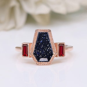 Coffin Cut Blue Sandstone 14K Rose Gold 925 Silver Anniversary Bridal Ring Beautiful Art Deco Baguette Black Spinal Ring Proposal Gift