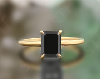 Octagon Black Onyx 14K Yellow Gold Engagement Ring For Women Vintage Art Deco Solitaire Wedding Onyx RingGift For Love Gift For Mother&#39;s Day