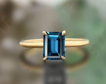 Anillo de compromiso de oro de 14 quilates con topacio azul Londres de talla esmeralda, anillo de boda de oro con topacio azul para mujer, impresionante anillo octagonal de topacio azul, regalo para mamá.