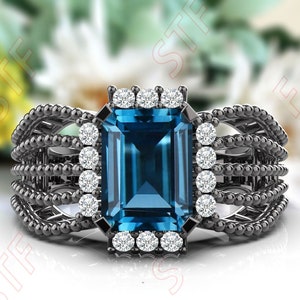 Natural London Blue Topaz Engagement Ring, Black Rhodium 925 Silver Wedding Ring, Topaz Octagon Shape Ring Blue Stone Ring Gift For New Year