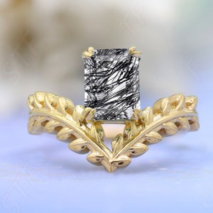 8x6mm Octagon Shape Natural Black Rutile Wedding Bridal Ring 14K Gold Birthstone Ring Unique Leaf Design Ring Gift For Love Promise Ring