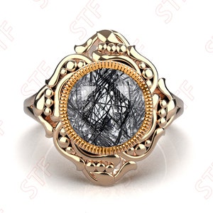 8.00 mm Round Natural Black Rutilated Quartz 14K Rose Gold Plated 925 Silver Engagement Ring Black Rutile Wedding Bridal Filigree Ring