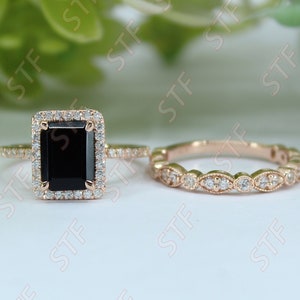 Black Onyx Halo Engagement Ring Set, Antique Emerald Cut Black Onyx Wedding Bridal Ring, 2PCS Pave Set Christmas Gift Ring, Gift For Women