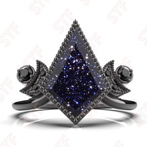 Kite Shape 3.10ct AAA Blue Sandstone Gemstone Black Rhodium 925 Silver Engagement Wedding Bridal Ring Kite 12X8mm Crescent 14K 18k Gold Ring