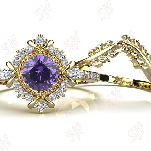 0.46 Ctw 5.00 mm Round AAA Natural Amethyst Yellow Plated 925 Silver Engagement Rings shops Set Art Deco 14k 18K Gold Wedding Rings Set For Her