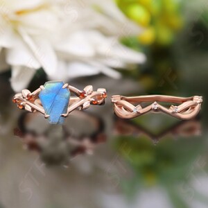Natural Labradorite Coffin Engagement 14K Rose Gold Ring Set Labradorite Ring Set For Love, Bridal Promise Ring Set, Art Deco Gold Ring Set