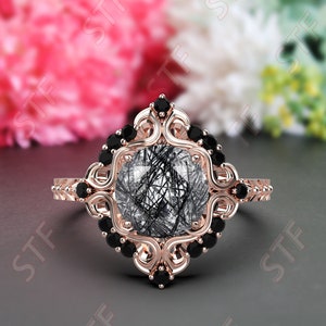 Round Natural Black Rutilated Quartz 14K Rose Gold Plated 925 Silver Engagement Ring Women&#39;s Jewelry Proposal ring Anniversary gift for Her