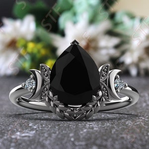 Natural Black Onyx Gemstone Black Rhodium 925 Silver Engagement Ring Moon Style Ring 14K Yellow Gold Ring Vintage Art Deco Moon Wedding Ring