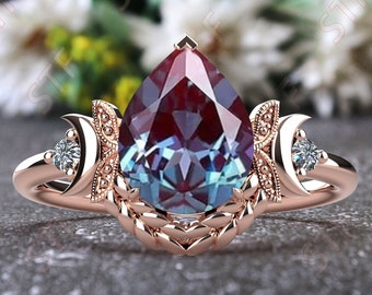 9x7mm Pear Alexandrite Engagement Ring Moon style Gold Ring 14K Rose Gold Ring 925 Sterling Silver Ring Unique Moon Ring Anniversary Gift