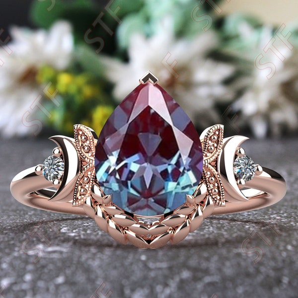 9x7mm Pear Alexandrite Engagement Ring Moon style Gold Ring 14K Rose Gold Ring 925 Sterling Silver Ring Unique Moon Ring Anniversary Gift