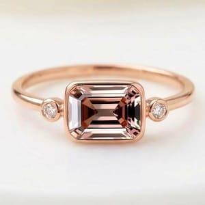 Birthday Gifts For WifeEmerald Cut Morganite Ring, Rose Gold Bezel, 8x6mm Octagon Gemstone, Moissanite Accent