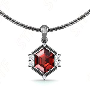 Beautiful Red Garnet Black Rhodium Necklace Unique Garnet Art Deco 18 Inch Cable Chain Women Necklace Black Gold Danity Proposal Gift & Love