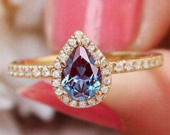 Pear Alexandrite Ring, 14K Yellow Gold Plated Sterling Silver, Moissanite Accents