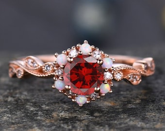 Round 5.00mm Natural Garnet Gemstone ring, Denty ring,Floral Flower ring,Nature Inspired ring, Halo ring, January Birthstone ring for Love