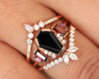 Natural Black Onyx Coffin Engagement 14K Gold Ring Set Black Onyx  Ring Set For Love, Bridal Promise Ring Set, Art Deco Gold Ring Set