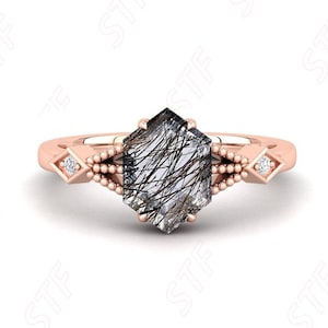 Natural Black Rutile Quartz Engagement Ring Hexagon Rutile Bridesmaid Solitaire Ring Unique Art Deco Anniversary Birthday Dainty Gifted Ring