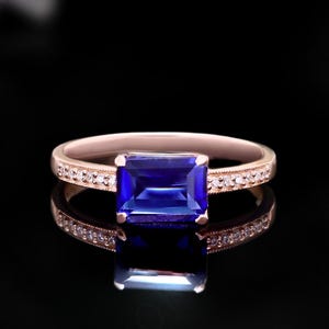 Octagon Blauer Saphir 14K Rose Gold Plated 925 Silber Hochzeit Verlobungsring Jubiläumsring Für ihr Geburtstagsgeschenk Versprechen Ring