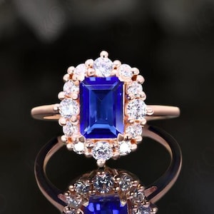 Oktagon Blau Saphir 14K Rose Gold vergoldet 925 Silber Hochzeit Verlobungsring Jahrestag Ring Für ihr Geburtstagsgeschenk Versprechen Ring Halo Ring