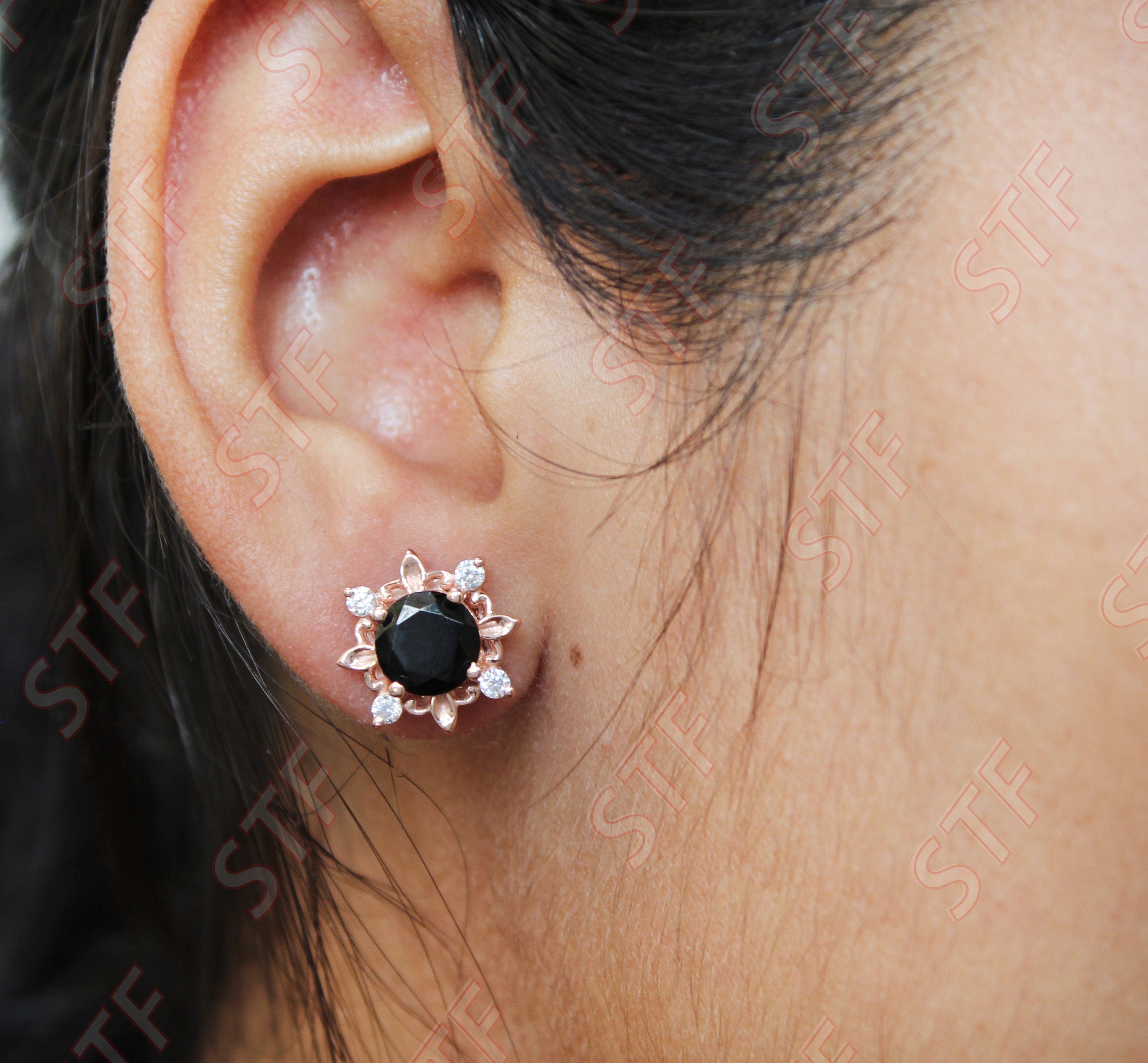 Round Black Onyx Wedding Earring, 14K Rose Gold Plated 925 Silver