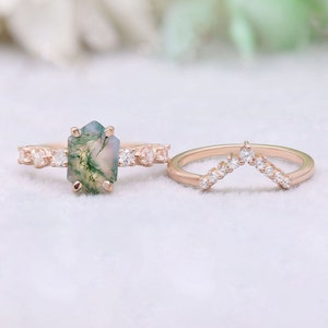 Natural Moss Agate Gemstone 14K Rose Gold 925 Silver Engagement Ring Set Beautiful Wedding Ring Set Bridal Ring Set Anniversary Gift