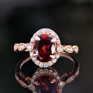 Oval Natural Garnet 14K Rose Gold Plated 925 Silver Engagement Ring Wedding Bridal Red Gemstone Ring Birthday Gift Anniversary Gift