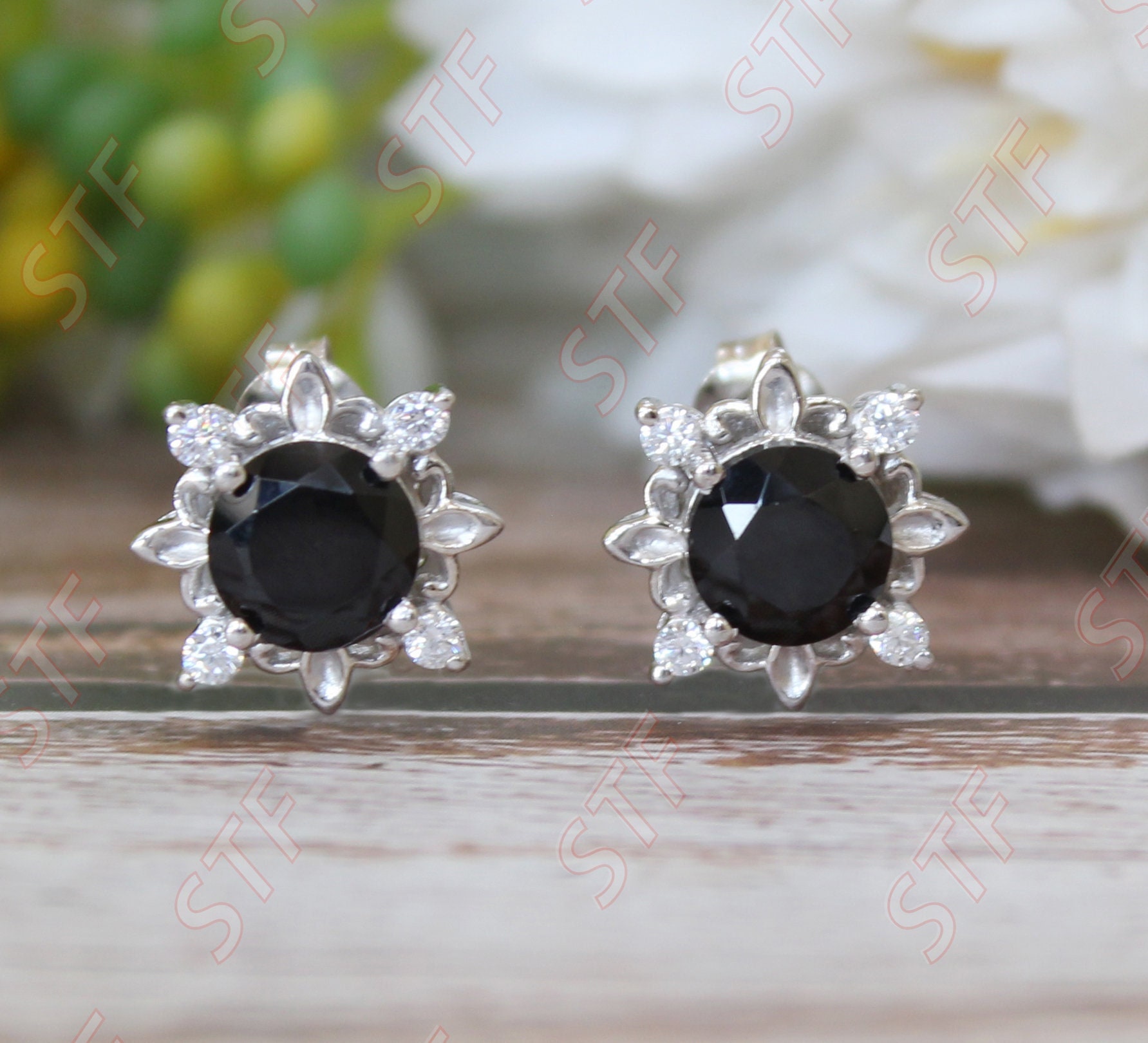 Round Black Onyx Wedding Earring, 14K Rose Gold Plated 925 Silver