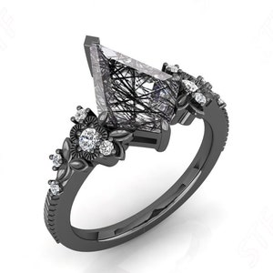 Kite Natural Black Rutile Gemstone 925 Silver Black Rhodium Women&#39;s Ring Art Deco Floral Ring Graduation Gothic Anniversary Birthday Gift