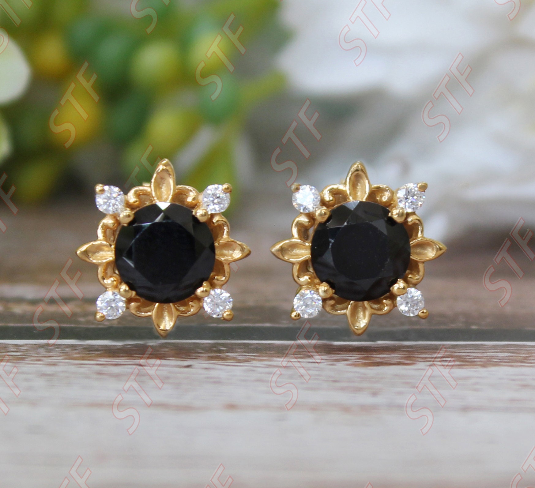 Round Black Onyx Wedding Earring, 14K Rose Gold Plated 925 Silver