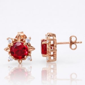 Ruby 925 Silver Stud Earrings, Moissanite Accents