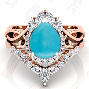Pear Natural Cab Stone Sleeping Beauty Turquoise Wedding Ring Set_Beautiful 2Pcs Halo Proposal Ring Set_Art Deco Bridal Ring_Birthday Gift