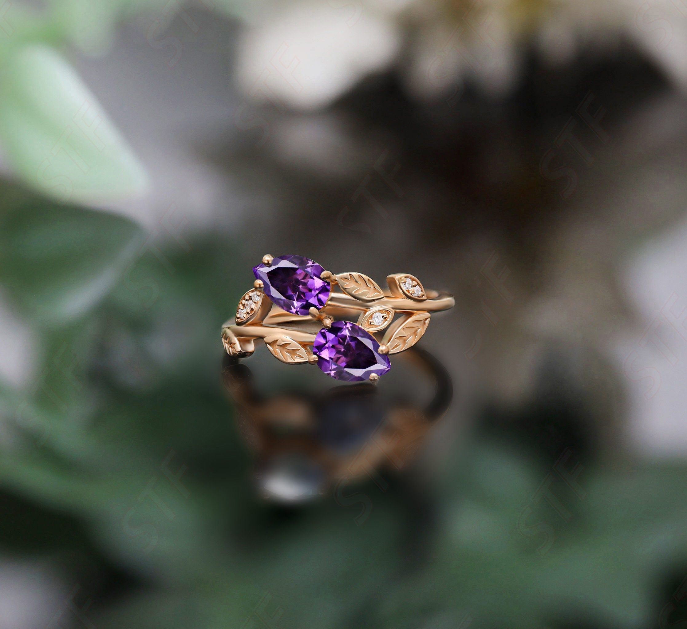 Natural Amethyst Gemstone Ring, Bridal Wedding Ring, Leaf Ring