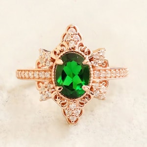 Oval Chrome Diopside Wedding Ring Beautiful Art Deco Proposal Ring 14K Rose Gold 925 Silver Ring Engagement Ring Bridal Ring Promise Ring