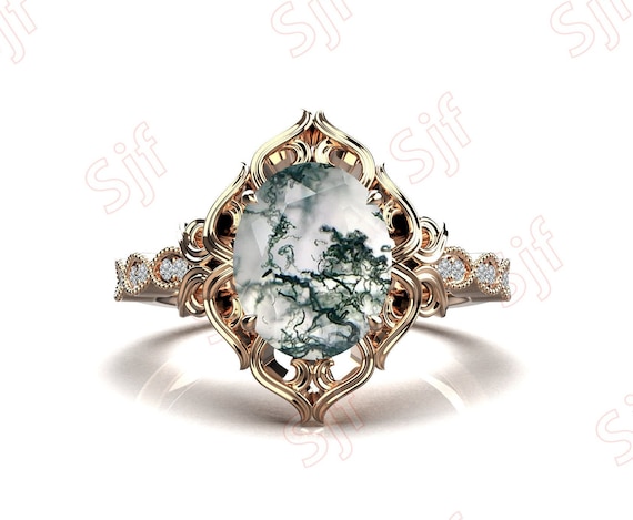 Gifts For WifeMoss Agate Art Deco Ring, 14K Rose Gold Plated Silver Filigree Ring