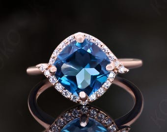 London Blue Topaz Cushion Ring, 925 Silver 14K Rose Gold Halo Engagement Ring