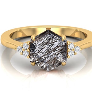 Beautiful Hexagon Ring, Natural Black Rutile Engagement Ring For Women, Bridesmaid Solitiare Ring, Hexagon Stone Proposal ring, Gift For Her