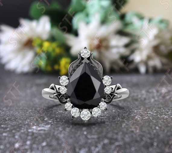 Natural Black Onyx Diamond Halo Wedding Ring Women Ring