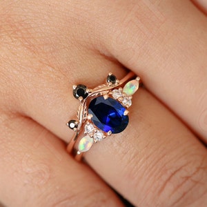 Blue Sapphire Engagement Ring Set 14k Rose Gold Ring For Women&#39;s Jewelry Wedding Ring Set,  Bridal Ring, Gift For Love 14K Gold Ring Set