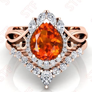 1.75 Ct Beautiful Pear Shaped Natural Citrine Wedding Ring Set_Antique Pear Halo Proposal Ring Set_Citrine Ring Set_Art Deco Moissanite Ring