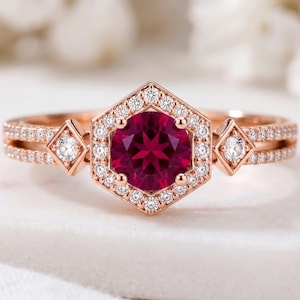 Hexagon Halo Ruby Engagement Ring, Rose Gold Split Shank Moissanite Wedding Band
