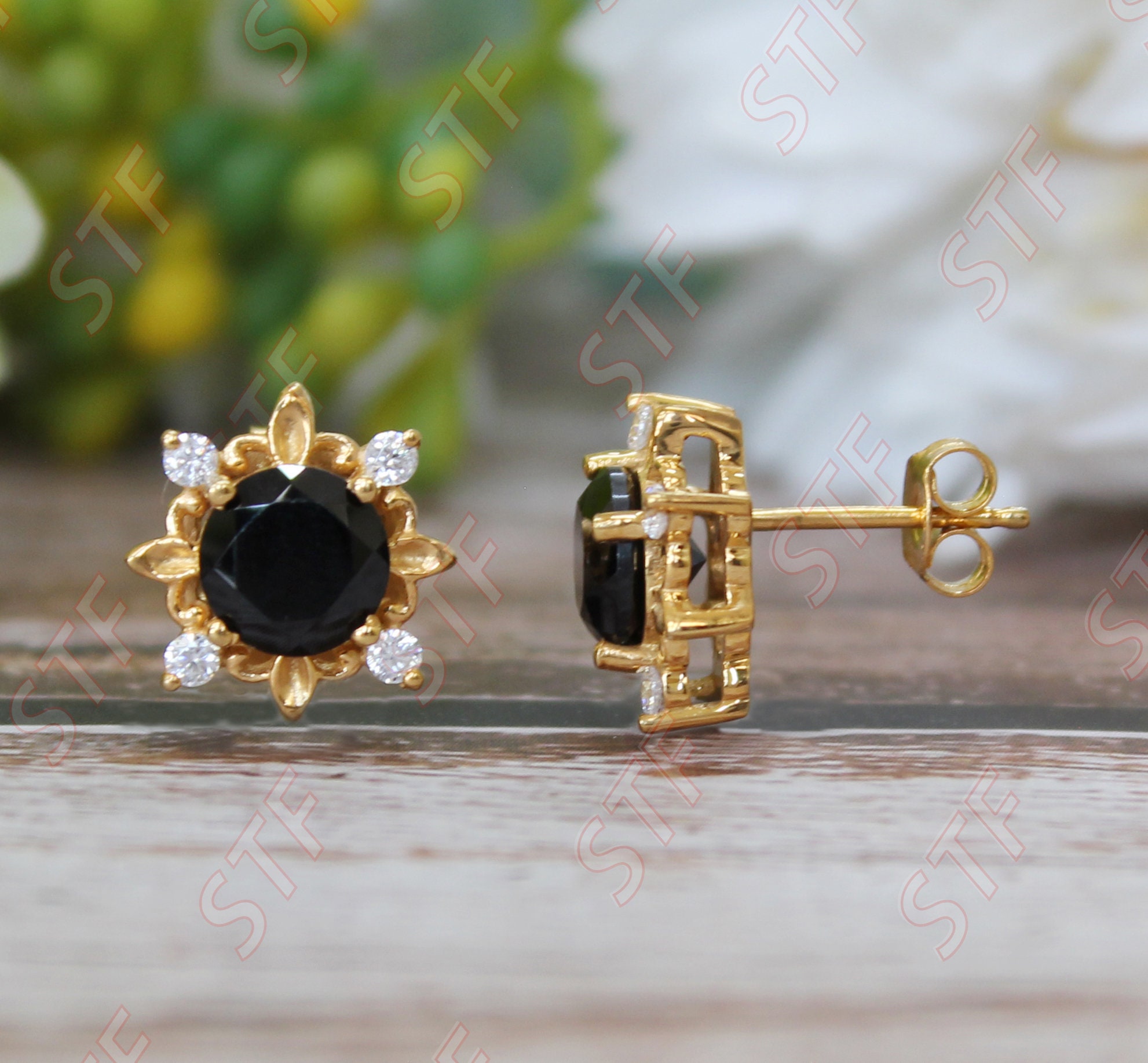 Round Black Onyx Wedding Earring, 14K Rose Gold Plated 925 Silver