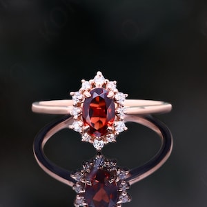 Oval Natural Garnet 14K Rose Gold Plated 925 Silver Engagement Ring Wedding Bridal Red Gemstone Ring Birthday Gift Anniversary Gift