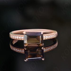 Octagon Natural Smokey Quartz 14K Rose Gold Plated 925 Silver Engagement Ring Wedding Bridal Ring Birthday Gift Promise Ring Statement Ring