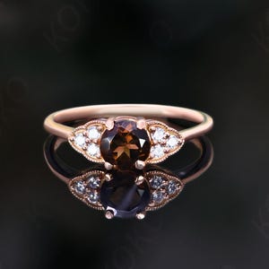 Round Natural Smokey Quartz 14K Rose Gold Plated 925 Silver Engagement Ring Wedding Bridal Ring Birthday Gift Promise Ring Statement Ring