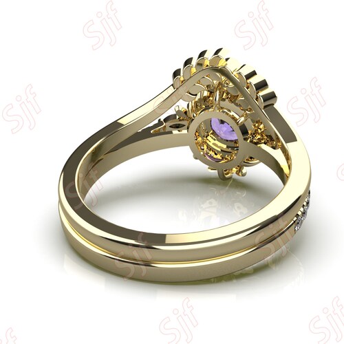 0.46 Ctw 5.00 mm Round AAA Natural Amethyst Yellow Plated 925 Silver Engagement Rings shops Set Art Deco 14k 18K Gold Wedding Rings Set For Her