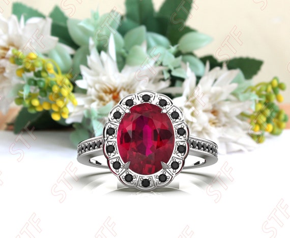 10x8mm Ruby Engagement Ring Art Deco Ring Halo Ring 925 Sterling