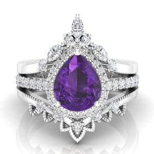 Pear 10x8mm Natural Amethyst Engagement Ring Set, Antique Halo Pave Set Ring, 3PCS Wedding Ring Set, Birthstone Ring For Love,Christmas Gift