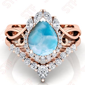 10x8mm AAA Natural Larimar Pear Cab Gemstone Wedding Ring Set_Moissanite Ring_Halo Ring For Nature Lover_Birthday Present For Love_Promise