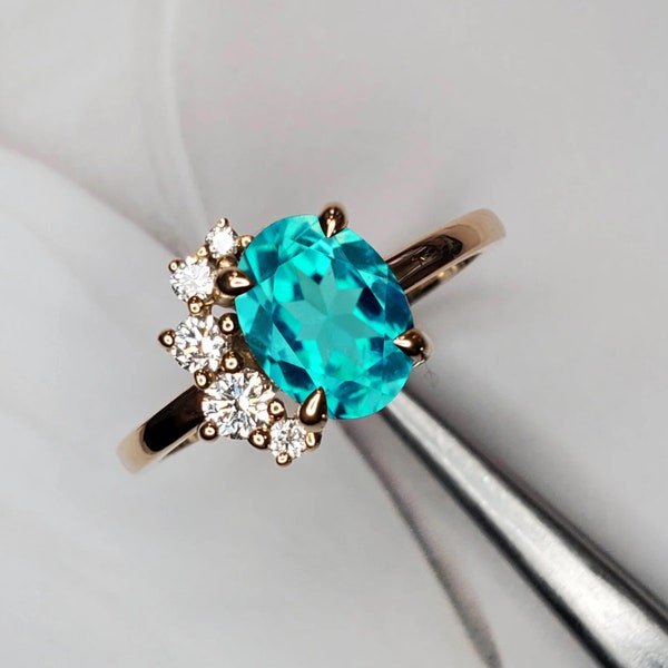 8x6mm Oval Paraiba Tourmaline Engagement Ring ,Wedding Bridal Ring Unique Style Cluster Ring, Gift For Mother Tourmaline Solitaire Gold Ring