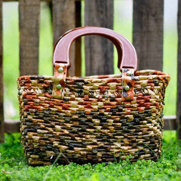 Hand Woven Reed Plastic Handle Box Shopping Basket | 100% Eco-friendly | Premium Design | Market Bag, Shopping Basket